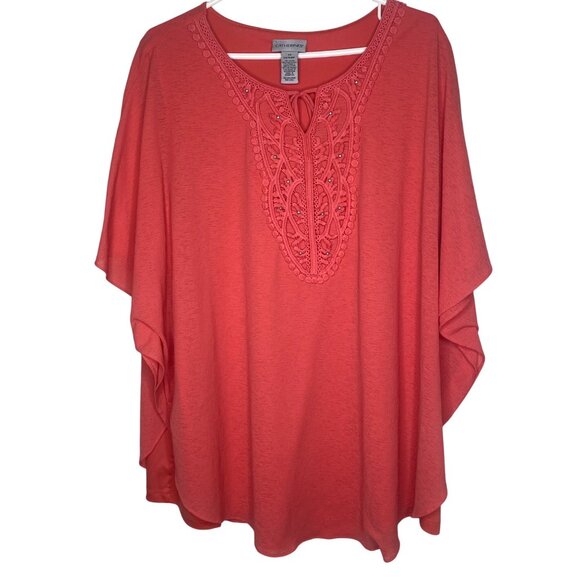 Womens Coral Red Catherines 2X Embellished Crochet Neckline Poncho Top Boxy Lage - Picture 1 of 10